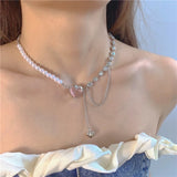 Cifeeo E Girl Style Bow Cupid Crystal Pearl Heart Pearl Beads Chains Choker Necklace For Women Collar Grunge Accessories Y2K Jewelry