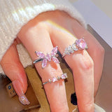 Cifeeo Pink Crystal Heart Bowknot Rings For Women Girls Y2k Kpop Sweet Cool Open Finger Rings Party Fashion Jewelry Gifts 2023 New