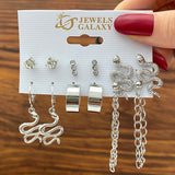 Cifeeo 6pcs/set Snake Butterfly Earrings Set For Women Girls Vintage Metal Silver Plated Rhinestones Heart Drop Earrings Jewelry Gift