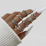 Cifeeo Vintage Silver Color Heart Rings Set For Women Punk Skull Rose Letter Finger Rings Geometric Fashion Hollow Ring Party Jewelry
