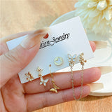 Cifeeo Korean Silver Color Butterfly Heart Circle Earrings For Women Kpop Metal Tassel Pendant Piercing Earrings 6pcs Set Trend Jewelry