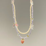 Cifeeo Kpop Fashion Vintage Flower Beaded Butterfly Heart Pearl Double Layer Chain Necklace For Women Aesthetic Jewelry Accessories