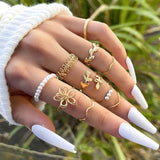 Cifeeo Boho Pink Butterfly Heart Wave Ring Set For Women Vintage Metal Gold Color Rhinestone Finger Rings 8pcs/set Party Jewelry Gifts