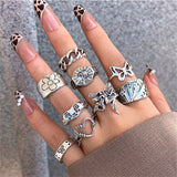 Cifeeo Punk Gothic Chain Snake Rings Set For Women Men Vintage Silver Plated Heart Butterfly Retro Finger Rings Fashion Jewelry Gfits