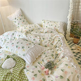 Cifeeo Pleated Floral Bedding Set Cute Ruffles Duvet Cover Bed Sheet Set Fashion Soft Bed Linen Pillowcase Queen King Size Bedspreads