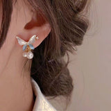 Graduation Gift New Arrival Stud Earrings Fashion Bowknot Women Trendy Drop Oil Blue White Butterfly Simple Elegant Female Jewelry