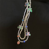 Cifeeo Kpop Fashion Vintage Flower Beaded Butterfly Heart Pearl Double Layer Chain Necklace For Women Aesthetic Jewelry Accessories