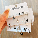 Cifeeo Korean Silver Color Butterfly Heart Circle Earrings For Women Kpop Metal Tassel Pendant Piercing Earrings 6pcs Set Trend Jewelry