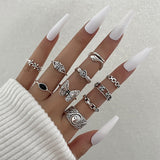 Cifeeo Vintage Silver Color Heart Rings Set For Women Punk Skull Rose Letter Finger Rings Geometric Fashion Hollow Ring Party Jewelry