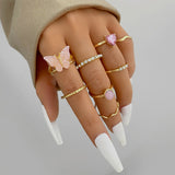 Cifeeo Boho Pink Butterfly Heart Wave Ring Set For Women Vintage Metal Gold Color Rhinestone Finger Rings 8pcs/set Party Jewelry Gifts