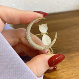 Cifeeo Cute Elegant Cat Sitting On The Moon Brooches For Women Cartoon Opal Stone Zircon Kitten Animal Casual Party Corsage Gift