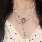 Cifeeo Fashion Simulated Pearl Crystal Stitching Necklace For Women Pink Heart Crystal Pendant Girl Wedding Party Y2k Jewelry Gift