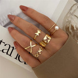 Cifeeo Boho Pink Butterfly Heart Wave Ring Set For Women Vintage Metal Gold Color Rhinestone Finger Rings 8pcs/set Party Jewelry Gifts