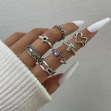 Cifeeo Vintage Silver Color Heart Rings Set For Women Punk Skull Rose Letter Finger Rings Geometric Fashion Hollow Ring Party Jewelry