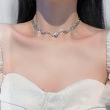 Cifeeo Retro Silver Color Y2k Pendant Necklaces For Women Korean Shiny Zircon Crystal Heart Clavicle Necklace Aesthetic Jewelry Gifts