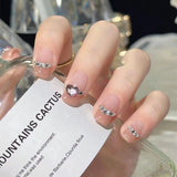 Cifeeo （Handmade Manicures）10 PCS Luxurious French Nude Diamond Heart Hand-Customized Fake Nail Temperament Is White And Clear