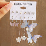 Cifeeo 6pcs/set Snake Butterfly Earrings Set For Women Girls Vintage Metal Silver Plated Rhinestones Heart Drop Earrings Jewelry Gift