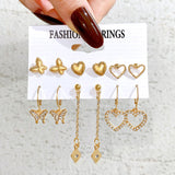 Cifeeo 6pcs/set Snake Butterfly Earrings Set For Women Girls Vintage Metal Silver Plated Rhinestones Heart Drop Earrings Jewelry Gift