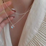 Cifeeo Retro Silver Color Y2k Pendant Necklaces For Women Korean Shiny Zircon Crystal Heart Clavicle Necklace Aesthetic Jewelry Gifts