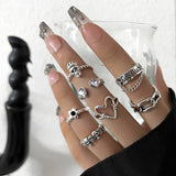 Cifeeo Vintage Silver Color Heart Rings Set For Women Punk Skull Rose Letter Finger Rings Geometric Fashion Hollow Ring Party Jewelry
