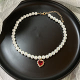 Cifeeo Vintage Red Crystal Heart Pendant Choker Necklaces For Women Baroque Pearl Wedding Aesthetic Jewellery