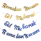 Glitter Mirror Eid Mubarak Ramadan Kareem Decoration Garlands Bunting Banner Gold Royal Blue Ramadan Decorations for Home