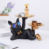 Cifeeo Resin Dog Sculpture Room Decor With 2 Metal Trays For Storage,Home Interior Decoration Craft,French Bulldog Statue,Figurine Gift