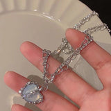 Cifeeo Retro Silver Color Y2k Pendant Necklaces For Women Korean Shiny Zircon Crystal Heart Clavicle Necklace Aesthetic Jewelry Gifts