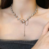 Cifeeo Retro Silver Color Y2k Pendant Necklaces For Women Korean Shiny Zircon Crystal Heart Clavicle Necklace Aesthetic Jewelry Gifts