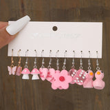 Cifeeo Pink Cartoon Duck Earrings Set Cute Animal Butterfly Heart Dangle Earrings For Women Girls Geometric Earring Trendy Jewelry Gift