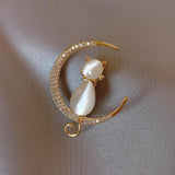 Cifeeo Cute Elegant Cat Sitting On The Moon Brooches For Women Cartoon Opal Stone Zircon Kitten Animal Casual Party Corsage Gift