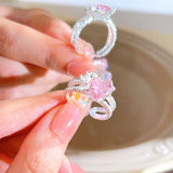 Cifeeo Pink Crystal Heart Bowknot Rings For Women Girls Y2k Kpop Sweet Cool Open Finger Rings Party Fashion Jewelry Gifts 2023 New