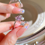 Cifeeo Pink Crystal Heart Bowknot Rings For Women Girls Y2k Kpop Sweet Cool Open Finger Rings Party Fashion Jewelry Gifts 2023 New