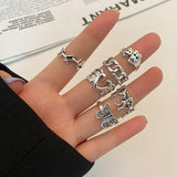 Cifeeo Punk Gothic Chain Snake Rings Set For Women Men Vintage Silver Plated Heart Butterfly Retro Finger Rings Fashion Jewelry Gfits