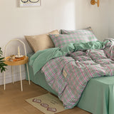 Cifeeo Japan Style Plaid Pattern Bedding Set Queen Simple Washed Cotton Bedding Duvet Cover Set with Sheets Quilt Cover Pillow Covers