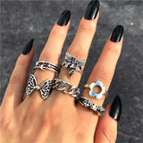 Cifeeo Punk Gothic Chain Snake Rings Set For Women Men Vintage Silver Plated Heart Butterfly Retro Finger Rings Fashion Jewelry Gfits
