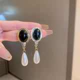 Graduation Gift New Arrival Earrings Fashion Metal Vintage Water Drop Women Dangle Earring Pearl Black Elegant Female Jewelry