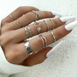 Cifeeo Vintage Silver Color Heart Rings Set For Women Punk Skull Rose Letter Finger Rings Geometric Fashion Hollow Ring Party Jewelry