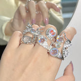 Cifeeo Exaggerated Silver Colour Vintage Round Opal Ring Simple Fashion Rings For Women Girl Fashion Fine Wedding Jewelry