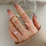 Cifeeo Boho Pink Butterfly Heart Wave Ring Set For Women Vintage Metal Gold Color Rhinestone Finger Rings 8pcs/set Party Jewelry Gifts