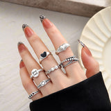Cifeeo Vintage Silver Color Heart Rings Set For Women Punk Skull Rose Letter Finger Rings Geometric Fashion Hollow Ring Party Jewelry