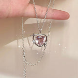 Cifeeo Y2k Pink Crystal Peach Heart Pendant Necklace For Women Egirl Sweet Cool Clavicle Chain Necklace Aesthetic Jewelry Party Gifts