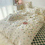Cifeeo Pleated Floral Bedding Set Cute Ruffles Duvet Cover Bed Sheet Set Fashion Soft Bed Linen Pillowcase Queen King Size Bedspreads