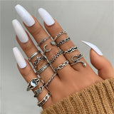 Cifeeo Punk Gothic Chain Snake Rings Set For Women Men Vintage Silver Plated Heart Butterfly Retro Finger Rings Fashion Jewelry Gfits