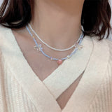 Cifeeo Kpop Fashion Vintage Flower Beaded Butterfly Heart Pearl Double Layer Chain Necklace For Women Aesthetic Jewelry Accessories