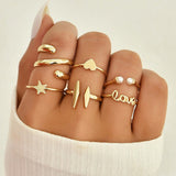 Cifeeo Boho Pink Butterfly Heart Wave Ring Set For Women Vintage Metal Gold Color Rhinestone Finger Rings 8pcs/set Party Jewelry Gifts