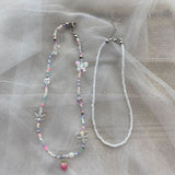 Cifeeo Kpop Fashion Vintage Flower Beaded Butterfly Heart Pearl Double Layer Chain Necklace For Women Aesthetic Jewelry Accessories