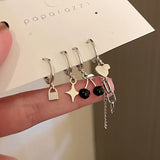 Cifeeo Korean Silver Color Butterfly Heart Circle Earrings For Women Kpop Metal Tassel Pendant Piercing Earrings 6pcs Set Trend Jewelry