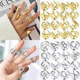 Christmas Gift Chunky Wide Hollow A-Z Letter Rings 3 Colors Metal Adjustable Opening Ring Initials Name Alphabet Female Party Fashion Jewelry