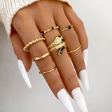 Cifeeo Boho Pink Butterfly Heart Wave Ring Set For Women Vintage Metal Gold Color Rhinestone Finger Rings 8pcs/set Party Jewelry Gifts